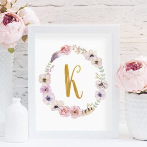 Initial Boho Floral Wreath Wall Decor, Personalized Print, Nursery Decor, Personalized Nursery Wall Art, Floral Monogram Print