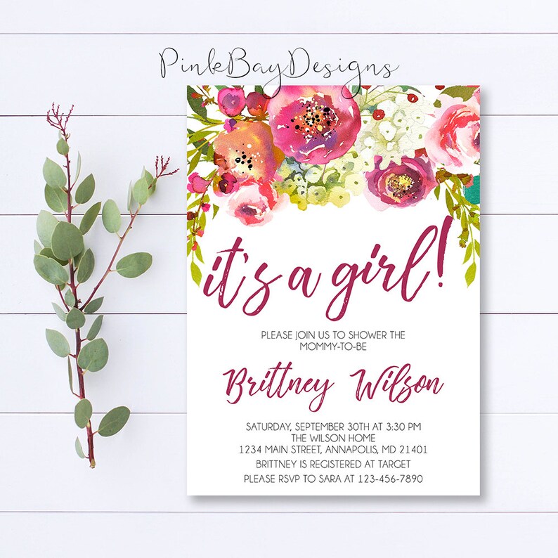 Floral Baby Shower Invitation Its A Girl Invitation Burgundy Etsy