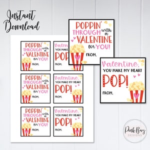 Popcorn Valentine's Day Printable Tag, Printable Popcorn Valentine, Poppin By Valentine, Popcorn Valentine Tag, Kids Valentine's Day Tag