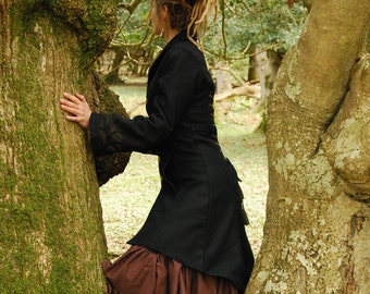 Long Wool Steampunk Coat, Black Victorian Dress Swing Coat