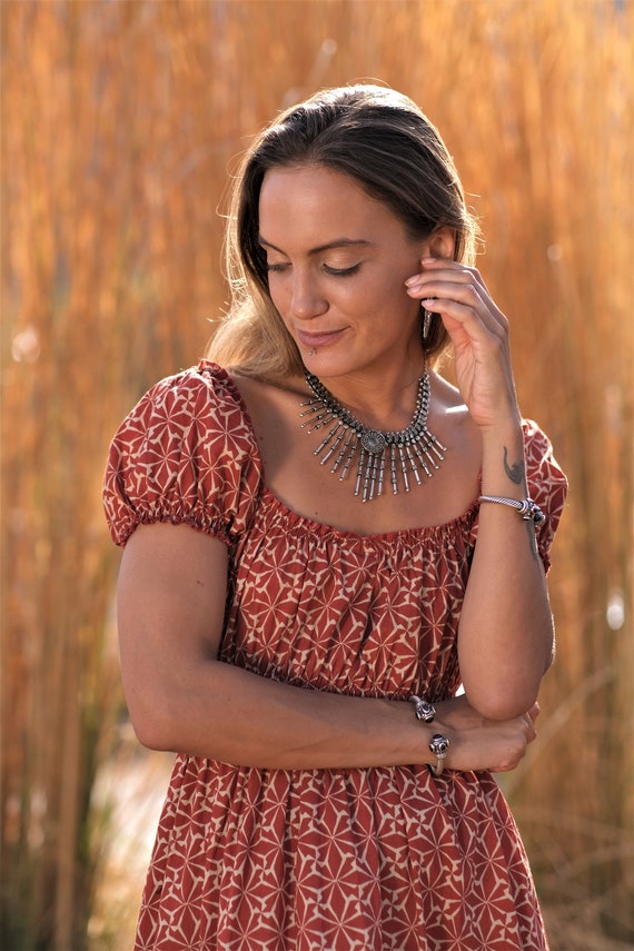 Organic Cotton Boho Dress, Block Print Babydoll Style