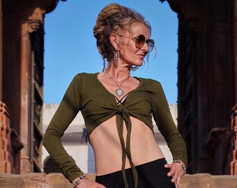 Khaki Jersey Wrap Top, Long Sleeve Bolero Shrug, Y2K Fairy Grunge