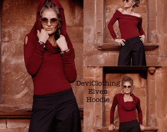 Maroon Hooded Cowl Top, Elven Witchy Organic Cotton Hoodie