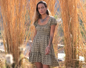 Cotton Boho Mini Dress, Block Print Babydoll Style
