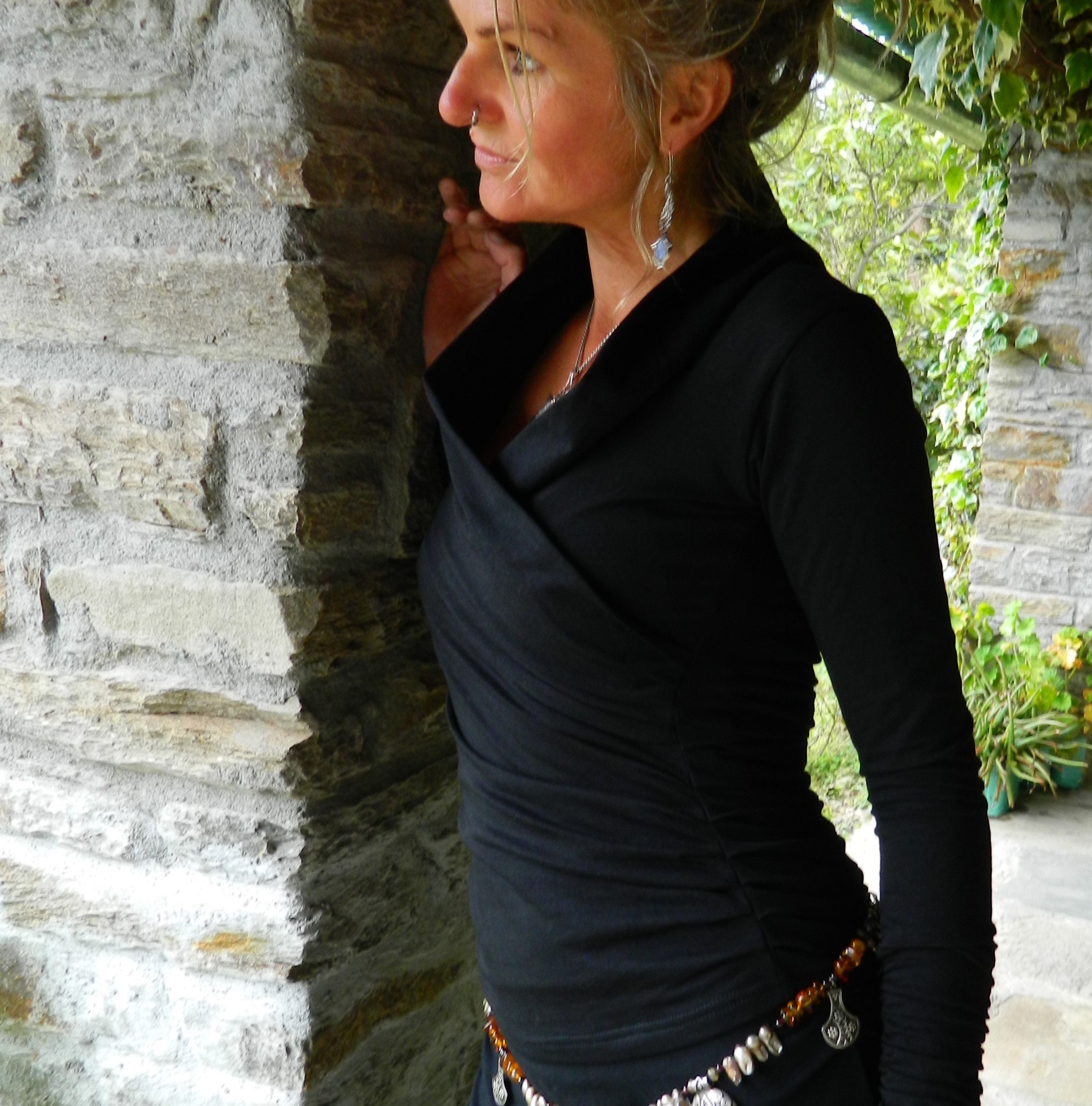 Black blouse, Fitted clothes for her, Long sleeve shirts, Boho clothing for women, Draped top, Goa style, Festival fashion, Feminine wear