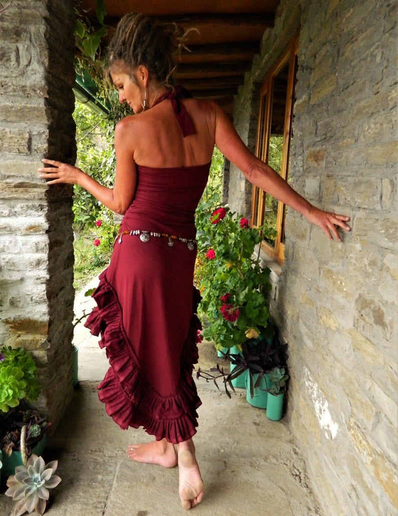 High low dresses, Gypsy clothing for women, Maroon open back halter fairy dress, Steampunk clothing, Festival clothes for her, Funky fashion image 4