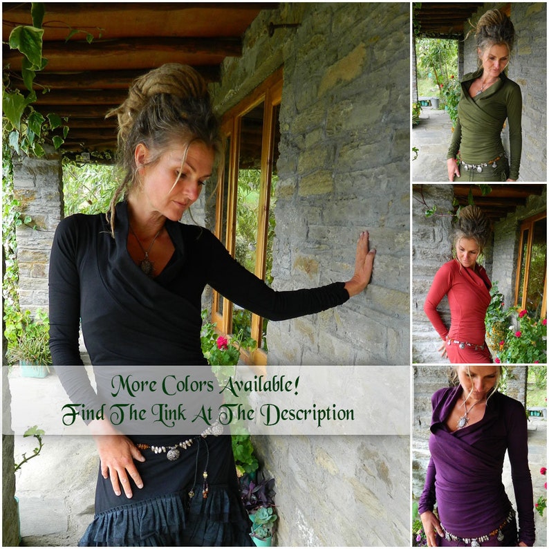 May include: A collage of four photos showing a woman wearing a long-sleeved, wrap-style top in four different colors: black, green, red, and purple. The text "More Colors Available! Find The Link At The Description" is at the bottom of the image.