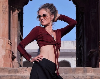 Maroon Boho Wrap Top, Cotton Jersey Bolero Shrug