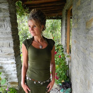 Khaki green shirt for women, Festival clothes, Open back Tribal top, Daenerys clothing, Fairy wear, Boho fashion, Funky style