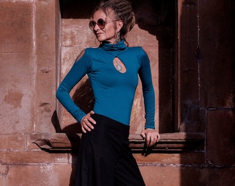 Teal Boho Turtleneck Top: Fitted Keyhole, Long Sleeve, Handmade