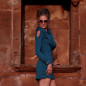Elven dress, Bohemian hooded dress, Teal long sleeve cowl off the shoulder mini dress. Fall/Autumn/winter boho fairy grunge elf dress. H1