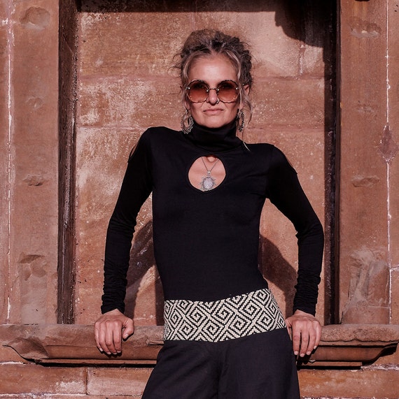 Black Turtleneck Long Sleeve Top: Y2k Keyhole, Shoulder Cut-outs
