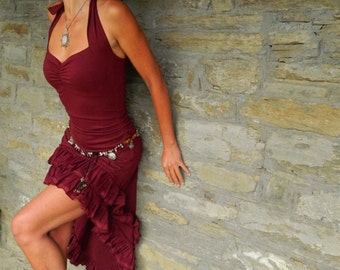 High low dresses, Gypsy clothing for women, Open back halter dress, Steampunk wear, Festival clothes for her, Funky fashion Maroon Bordeaux