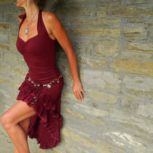High low dresses, Gypsy clothing for women, Maroon open back halter fairy dress, Steampunk clothing, Festival clothes for her, Funky fashion