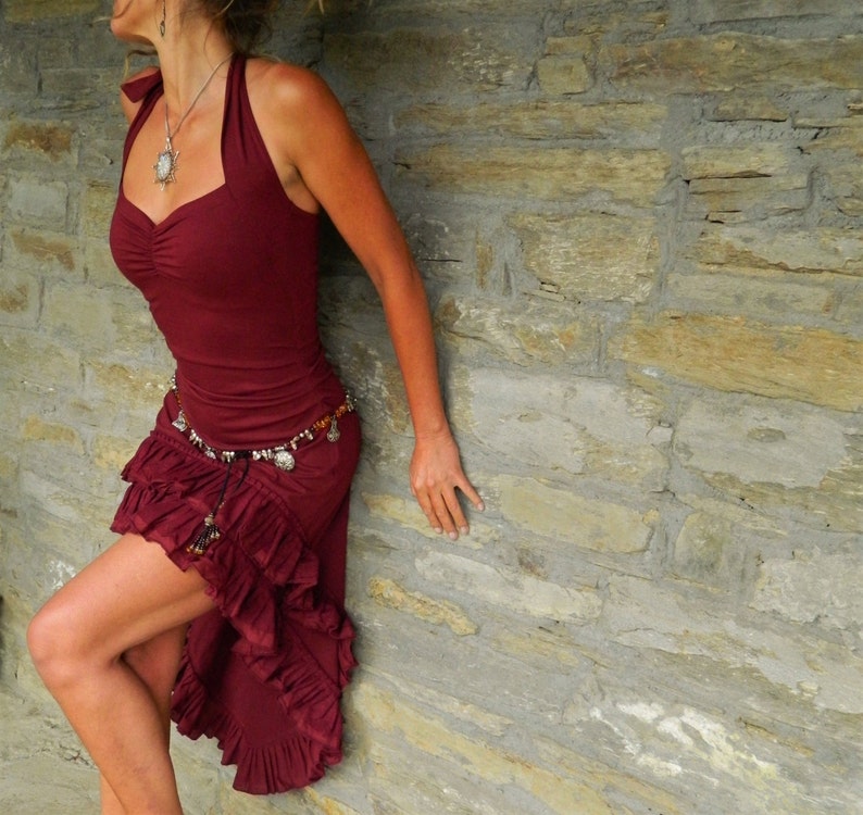 High low dresses, Gypsy clothing for women, Maroon open back halter fairy dress, Steampunk clothing, Festival clothes for her, Funky fashion image 1