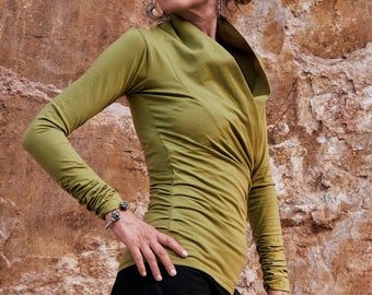 Yoga Wrap top with long sleeves, Hippie clothes, Earthy chartreuse green women's blouse with cowl, alternative clothing, festival clothes