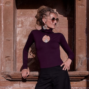 Women turtleneck T-shirt, dark purple long sleeve office blouse, slim fit knitted jersey top, Boho minimalist casual elegant shirt,  T1