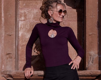 Handmade Plum Turtleneck Top, Keyhole Cutout, Ruched Sleeves