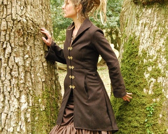 Steampunk Wool Coat, Designer Festival Jacket, Long Brown Overcoat