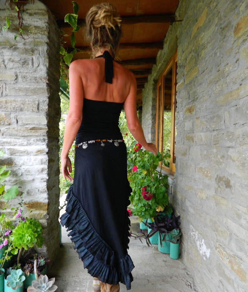 Low high black boho dress for summer, Sexy clothing for her, Steampunk dress, Evening wear for women, Open back Halter fairy goth dress image 4