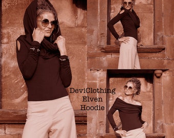 Brown Hooded Cowl Top: Handmade Organic Cotton, Elven Fairy Grunge