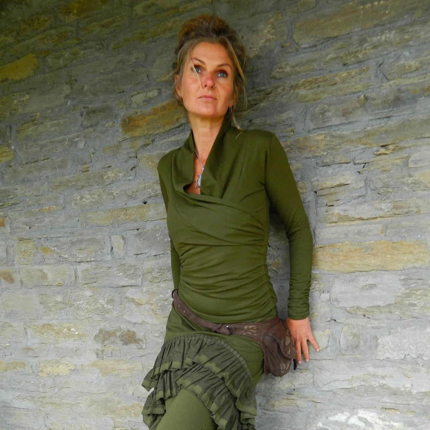 Long Sleeved Top for Women, Khaki Blouse, Open Cowl Neck Long Sleeved Top for Women, Khaki Blouse, Open Cowl Neck