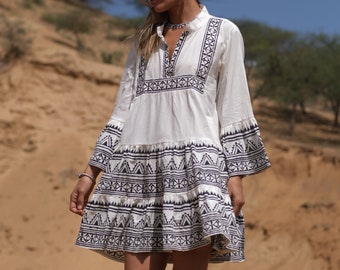 Block Print Cotton Mini Dress: 70s Smock Boho Beach Cover Up