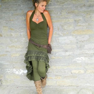 Khaki green Low high fairy dress, Festival clothing for her, Asymmetrical dresses, women Gypsy clothing, Steampunk style elven dress image 6