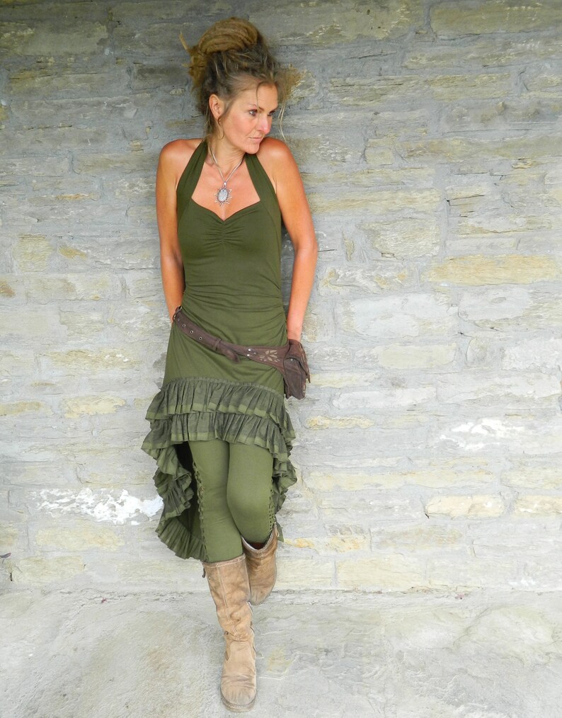 Khaki green Low high fairy dress, Festival clothing for her, Asymmetrical dresses, women Gypsy clothing, Steampunk style elven dress image 6