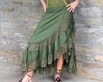 Dark Green Wrap Skirt: Long Boho Maxi with Lace Ruffle