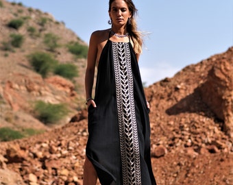 Black Cotton Maxi Dress - Tribal Print Boho Goddess Gown