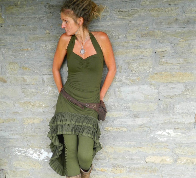 Khaki green Low high fairy dress, Festival clothing for her, Asymmetrical dresses, women Gypsy clothing, Steampunk style elven dress image 1