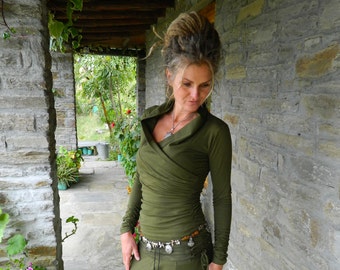 Long sleeved top for women, khaki blouse, Open cowl neck, Everyday wear, Crossover tops, Spring clothing for her, Boho clothes
