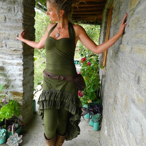 Khaki green Low high fairy dress, Festival clothing for her, Asymmetrical dresses, women Gypsy clothing, Steampunk style elven dress image 3