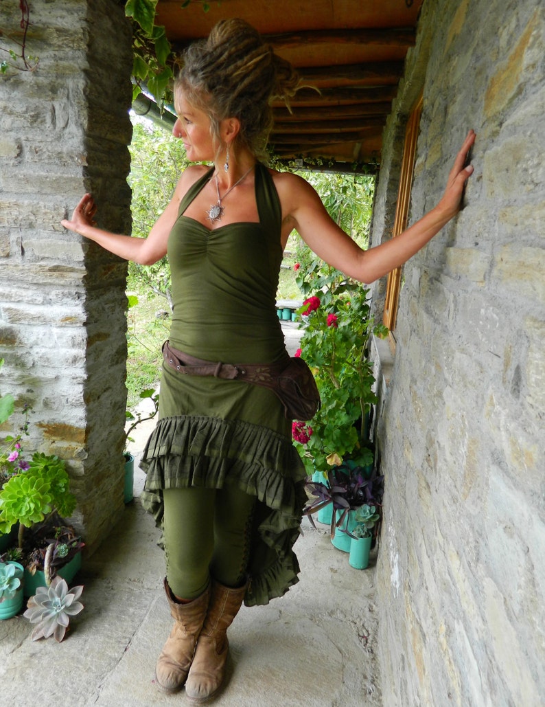 Khaki green Low high fairy dress, Festival clothing for her, Asymmetrical dresses, women Gypsy clothing, Steampunk style elven dress image 3