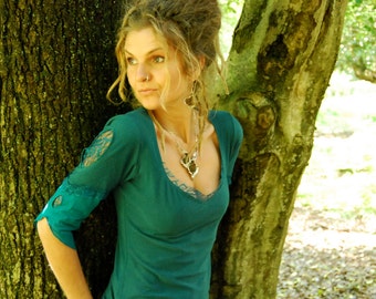 Teal top for women, Turquoise clothing, Boho blouse, Fantasy clothes, Festival shirt for her, Hippie fashion, Feminine wear,  Tribal Chic