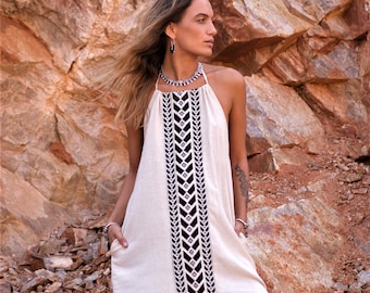 Vestido de verano tribal: vestido largo bohemio sin espalda, vestido de diosa de algodón crudo