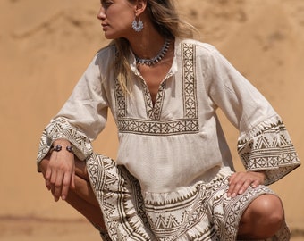 Vestido de verano bohemio de algodón ~ minivestido babydoll para la playa ~ vestido de maternidad bohemio ~ atuendo para festivales ~ ropa sostenible y natural H1