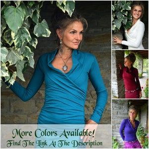 May include: A collage of four photos showing a woman wearing a long-sleeved, wrap-style top in different colors. The colors shown are teal, white, burgundy, and purple. The text "More Colors Available! Find The Link At The Description" is at the bottom of the image.