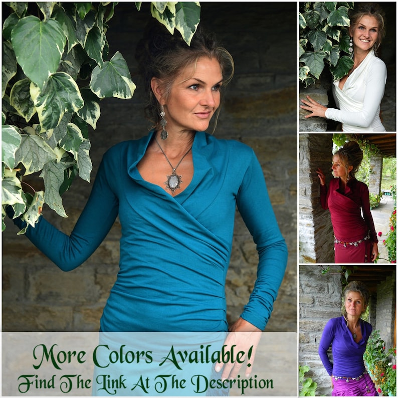 May include: A collage of four photos showing a woman wearing a long-sleeved, wrap-style top in different colors. The colors shown are teal, white, burgundy, and purple. The text "More Colors Available! Find The Link At The Description" is at the bottom of the image.