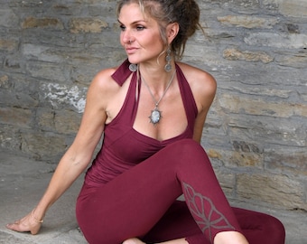 Maroon Cotton Lycra Dance Leggings, Tribal Faux Suede Detail, Boho Yoga Pants