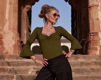 Khaki Green Bell Sleeve Top: Y2k Fairy Grunge Cotton Jersey