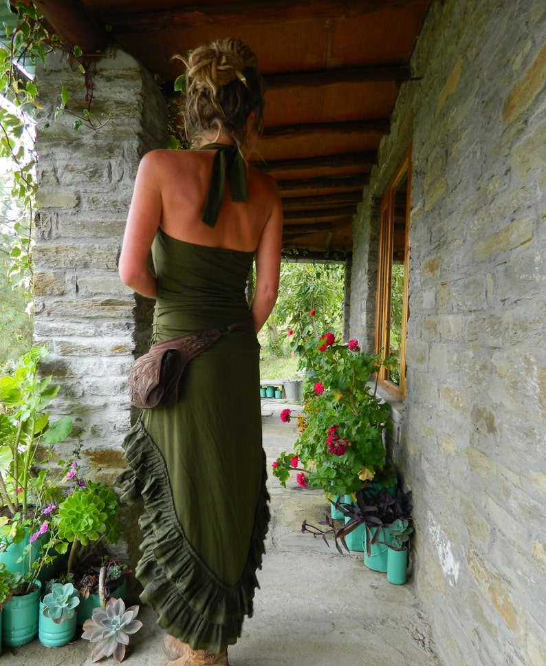 Khaki green Low high fairy dress, Festival clothing for her, Asymmetrical dresses, women Gypsy clothing, Steampunk style elven dress image 4