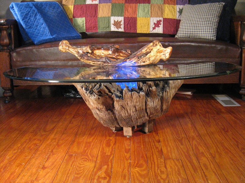 Rustic Driftwood Coffee Table With Beveled Glass Top Etsy