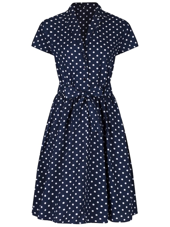 Retro Navy Polka Dot Belted Shirt Dress With Matching Face | Etsy