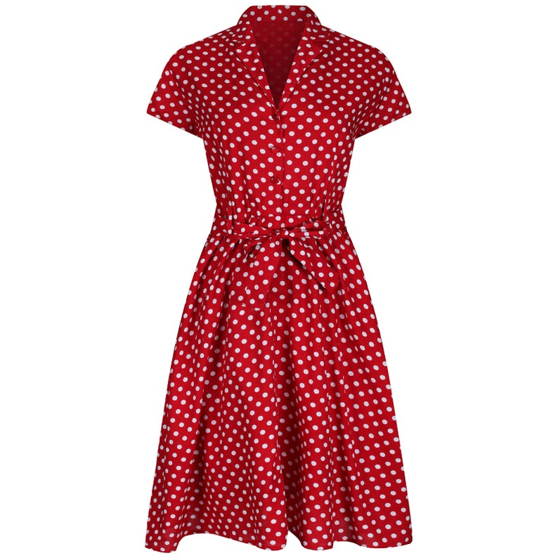 Womens Vintage 1940's Land Girl Retro Cotton Belted Shirt Dress Red