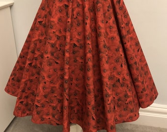 Vintage Retro 40s 50s Cotton Full Circle Swing Skirt Poppy Print Elasticated Waist
