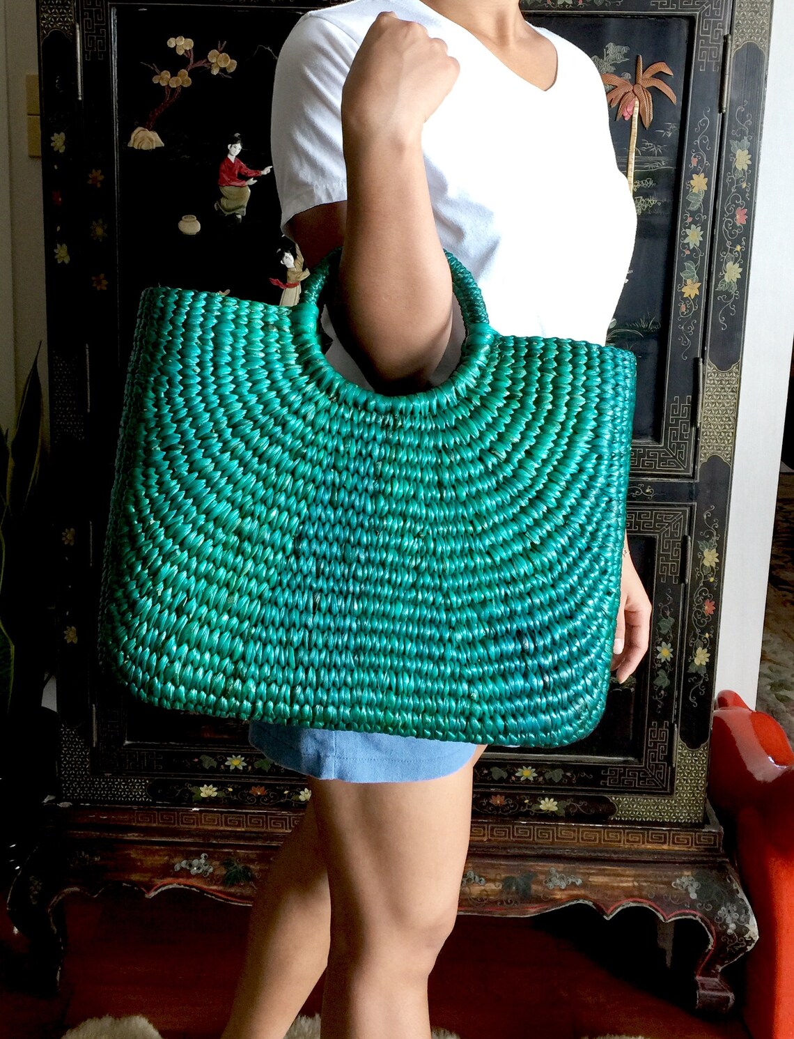Large Green Straw Bagseagrass Bagstraw Basket Totestraw Etsy