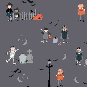 Spooky Hollow Charcoal Main / Trick or Treat Fabric / Halloween Fabric / Spooky Hollow