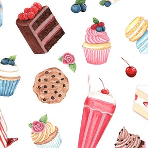 May include: Watercolor illustration of various desserts, including cupcakes, cake slices, cookies, macarons, and a milkshake. The desserts are decorated with berries, cherries, and frosting, set against a white background.
